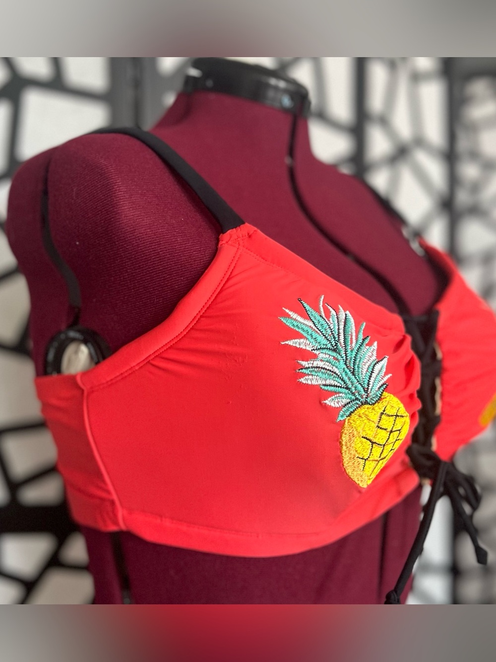 Cacique Red Pineapple embroidered Lace-up Bikini Top - Picture 2 of 5